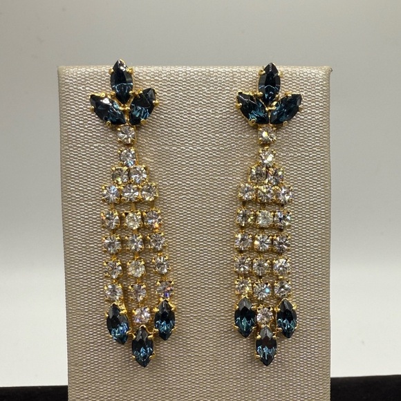 Vintage 1950s Gold Plated Blue Marquise Rhinestone Chandelier Drop Earrings